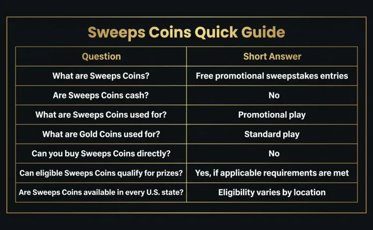 sweeps coins quick guide